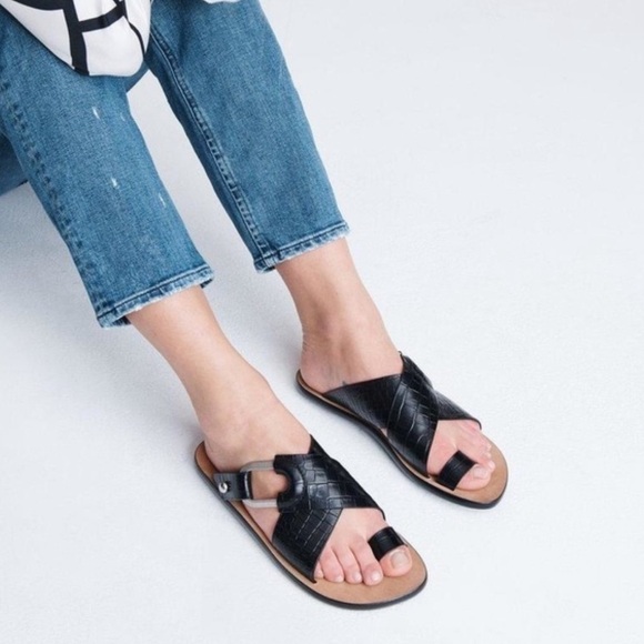 NEW Rag & Bone August Croc Embossed Leather Slide Sandals In Black - Picture 4 of 13